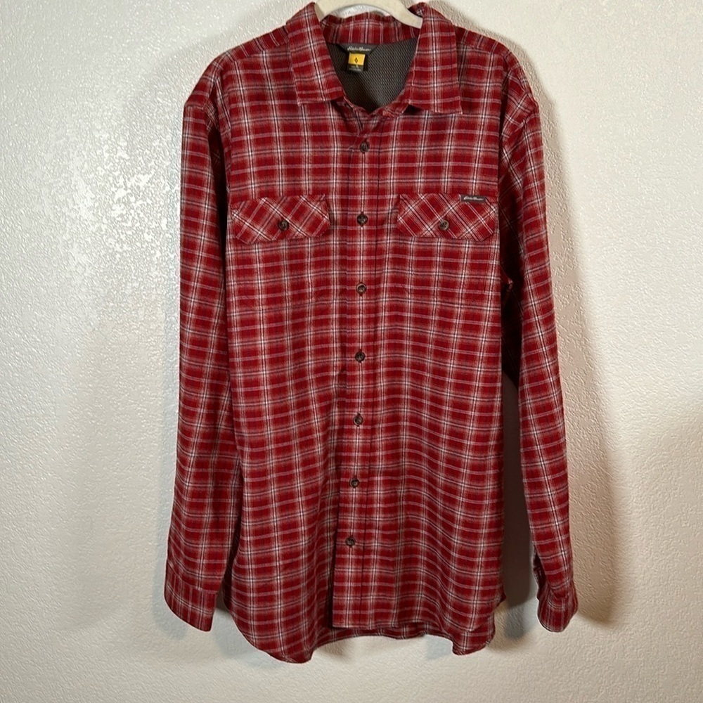 Eddie Bauer Red Plaid Flannel Outdoors Man Shirt Size Large Tall